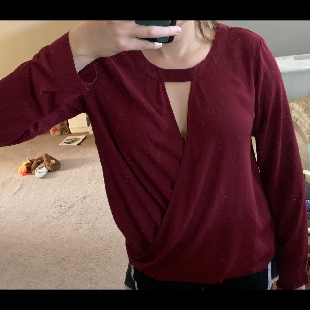 Maroon Criss Cross Front Cutout Blouse